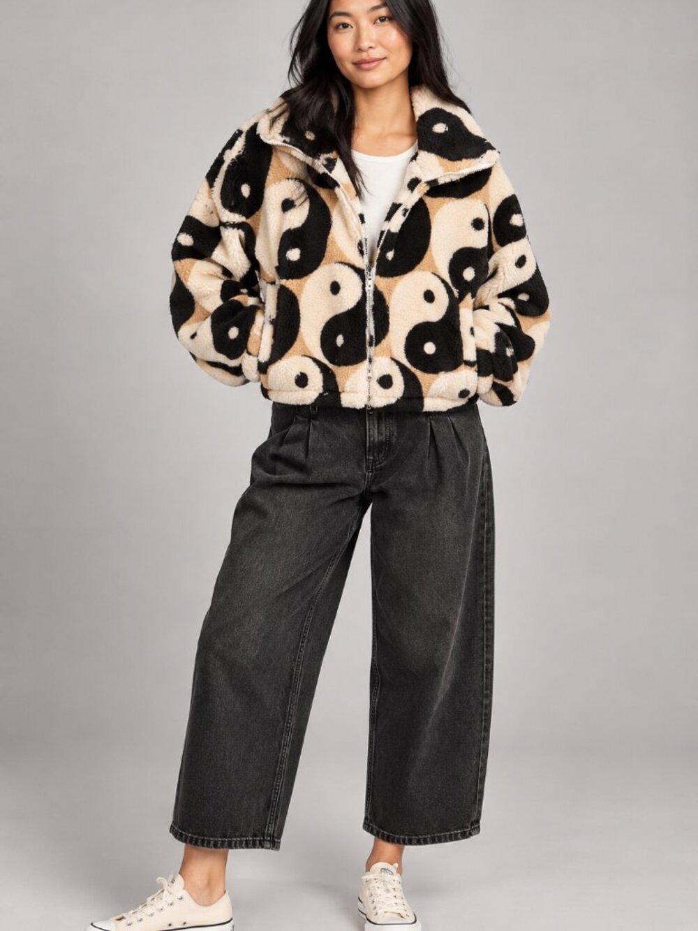 Urban Outfitters Olivia Printed Fleece Jacket Beige Black Size XS